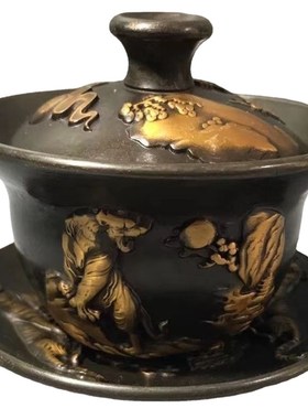 纯铜鎏金浮雕虎虎生威盖碗摆件功夫茶杯三件一套五福茶杯家居饰品