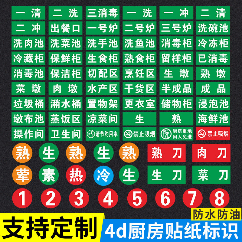 4d厨房管理标识贴纸一清二洗三消毒洗菜池菜板分类管理标识牌全套,淘宝优惠券,粉丝福利购,淘宝优惠卷