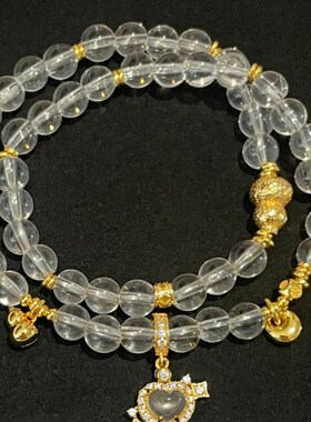 超纯感天然白色水晶双圈珠串手链女子925银多宝心水泡沫玉镯