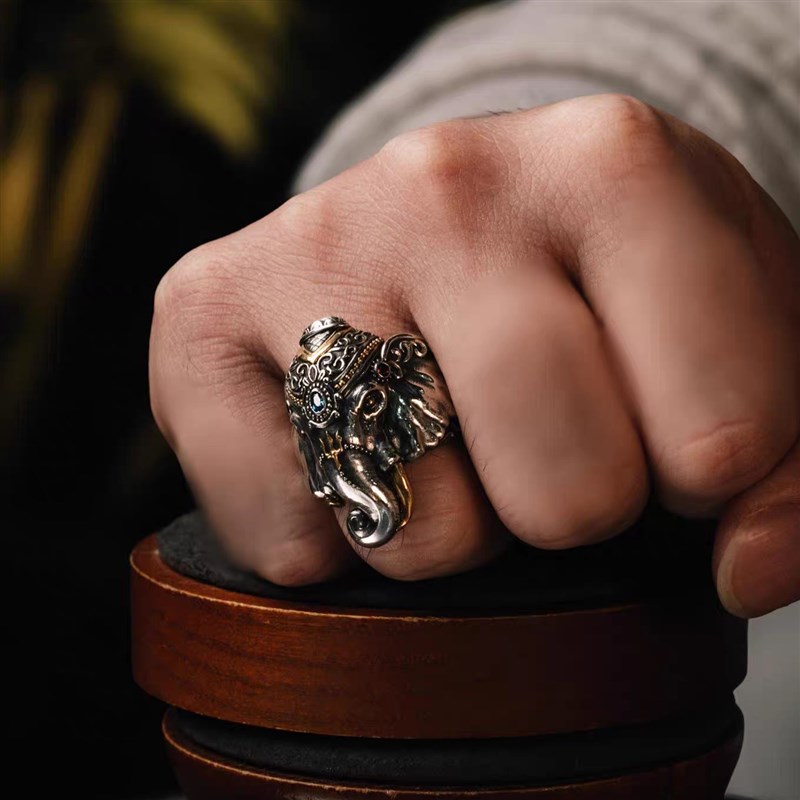 Broken Tusk Ganesha Ring, Handmade Gold-wrapped Craftsmanship, Niche Silver Jewelry Ring, Retro Personality, Heavy Industry, Men's National Trend, National Style
