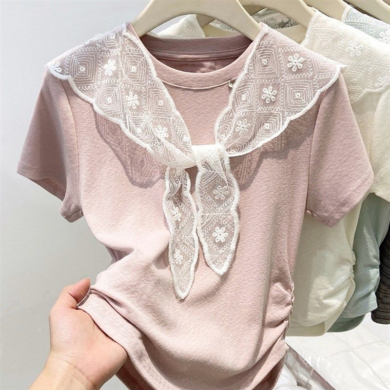 蕾丝披肩辣妈外出哺乳短袖t恤设计感褶皱收腰显瘦产后喂奶上衣夏,淘宝优惠券,粉丝福利购,淘宝优惠卷