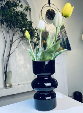 新品现代简约桌面摆件小玻璃花瓶黑色复古感客厅Q插花家居饰品oth