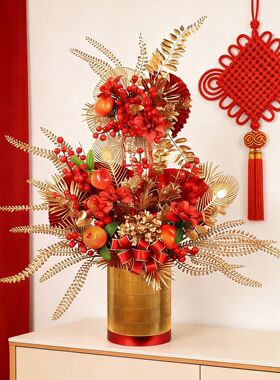 新国风过新年发财果仿真花福桶花艺年宵花客厅玄关过年春节装饰