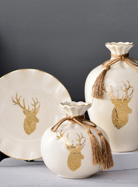 欧式家居饰品客厅书房酒柜陶瓷摆件鹿摆设三件套创意小饰品工艺品