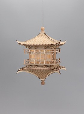 新中式创意实木禅意古建筑镜像吊灯售楼处酒店样板间玄关空中吊饰