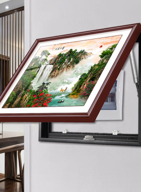 新中式入户电表箱装饰画山水画横款免打孔餐厅弱电箱遮挡挂画推拉