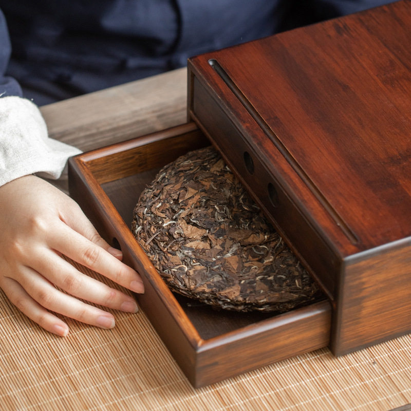 Walnut color bamboo Pu'er tea box storage box white tea tea cake box multi-layer tea storage box drawer tea set accessories