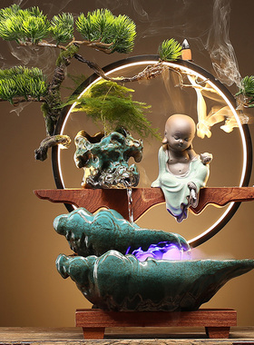 流水摆件新中式创意办公室桌面高山循环招财客厅玄关乔迁开业礼品