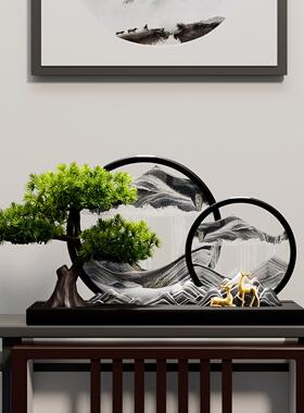 创意迎客松流沙画办公室摆件领导高档新中式客厅玄关电视柜装饰品