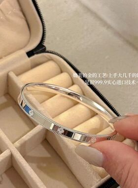 足银9999万花筒手镯女实心光面闭口银镯子简约百搭小花女友生日礼