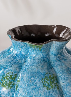 【云舍甄选】景德镇高端陶瓷南瓜瓶 蔚蓝海岸油画风  家居插花摆