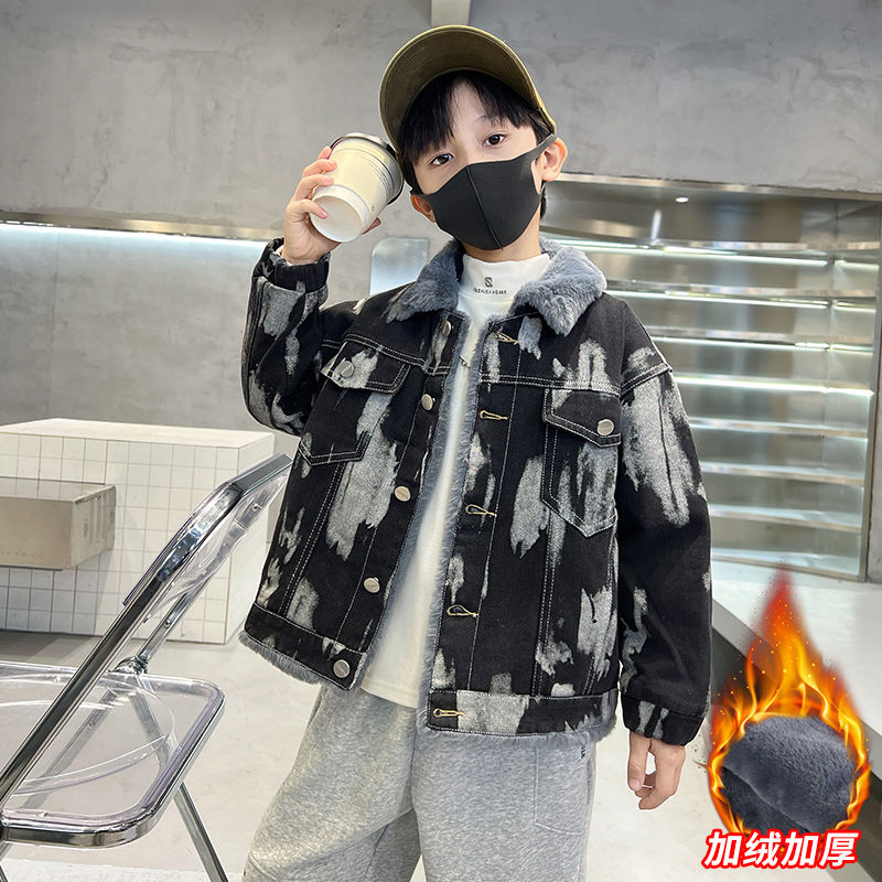 韩版男童加绒外套2025新款洋气秋冬装夹棉袄儿童宝宝加厚牛仔上衣 - 图3