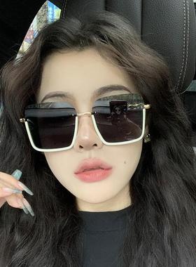 高级感女款白色半框防晒墨镜方形圆脸显脸瘦防紫外线个性太阳镜潮