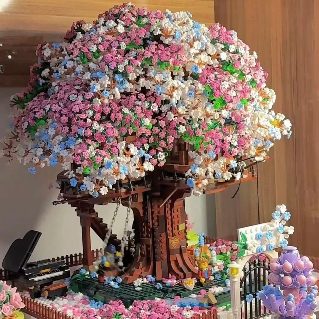 樱花树屋拼图小红书同款3d立体积木女孩益智高难度100颗拼装玩 - 图0