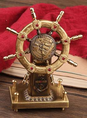 纯黄铜领航舵盘摆件办公桌面装饰车载小摆件舵手航海工艺品礼品
