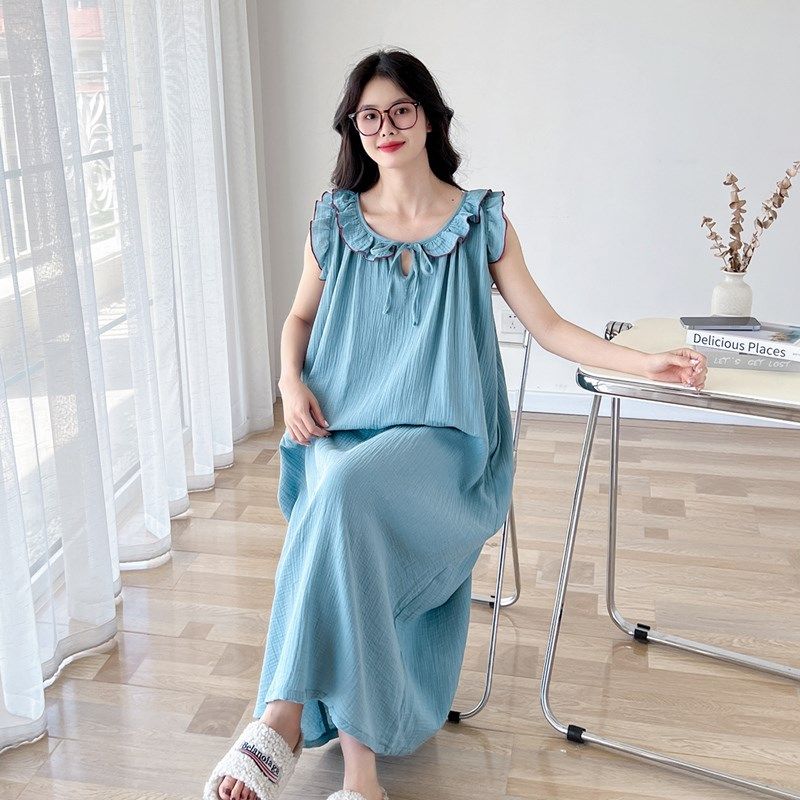 简约无袖大码睡裙女胖mm200斤纯棉纱布夏薄款背心宽松睡衣家居服,淘宝优惠券,粉丝福利购,淘宝优惠卷
