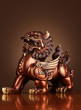铜麒麟摆件一对客厅玄关装饰品纯铜瑞兽办公桌家居工艺品摆设