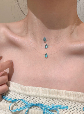 清冷感蓝色水滴项链女小众个性