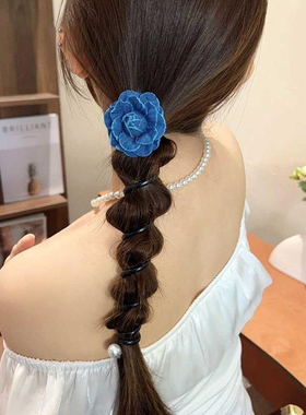 蓝色花朵泡泡辫头绳发圈发绳女