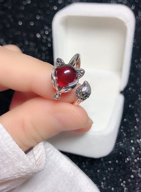 戒指石榴石狐狸女时尚复古食指戒