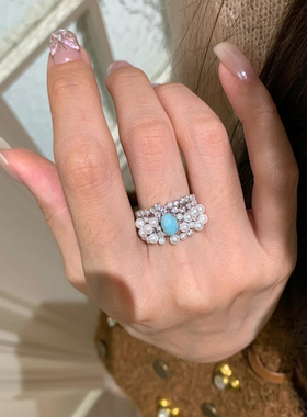 蓝色珍珠戒指女中古排钻千金风