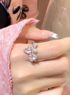甜晕了!高级感粉钻蝴蝶结戒指女