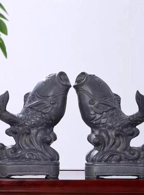 石雕喷水鱼摆件家用天然青石雕刻发财鱼年年有余庭院水池户外装饰