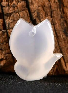 7A天然高冰白玛瑙小狐狸 DIY款冰种玉髓项链饰品手工配件挂件男女