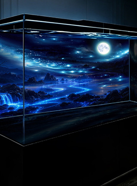 5d立体高清图月光星空水族箱造景专用装饰壁纸新款鱼缸背景画贴纸