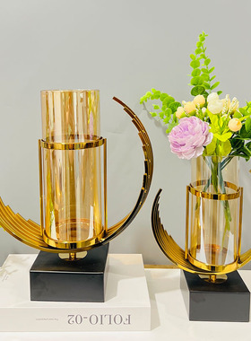 跨境轻奢金属玻璃透明花瓶高级感创意家居客厅艺术插花摆件工艺品