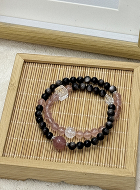 天然黑曜石手串粉水晶草莓晶手链