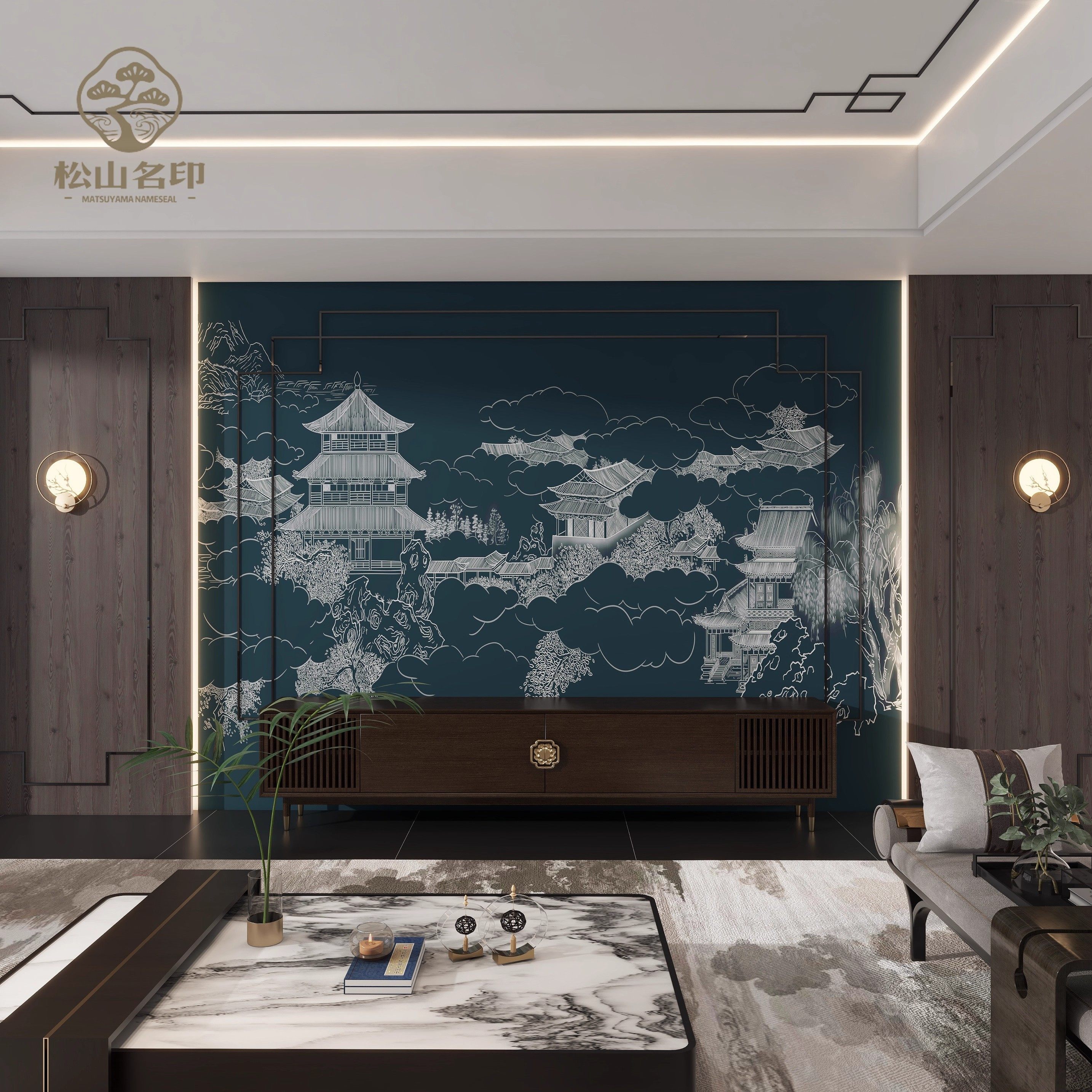 新中式线描阁楼3D立体浮雕壁布电视背景定制壁画饭店餐厅装饰墙布,淘宝优惠券,粉丝福利购,淘宝优惠卷