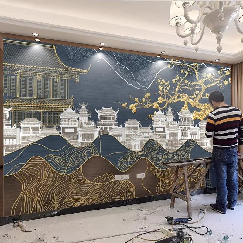 新中式线描阁楼3D立体浮雕壁布电视背景定制壁画饭店餐厅装饰墙布,淘宝优惠券,粉丝福利购,淘宝优惠卷