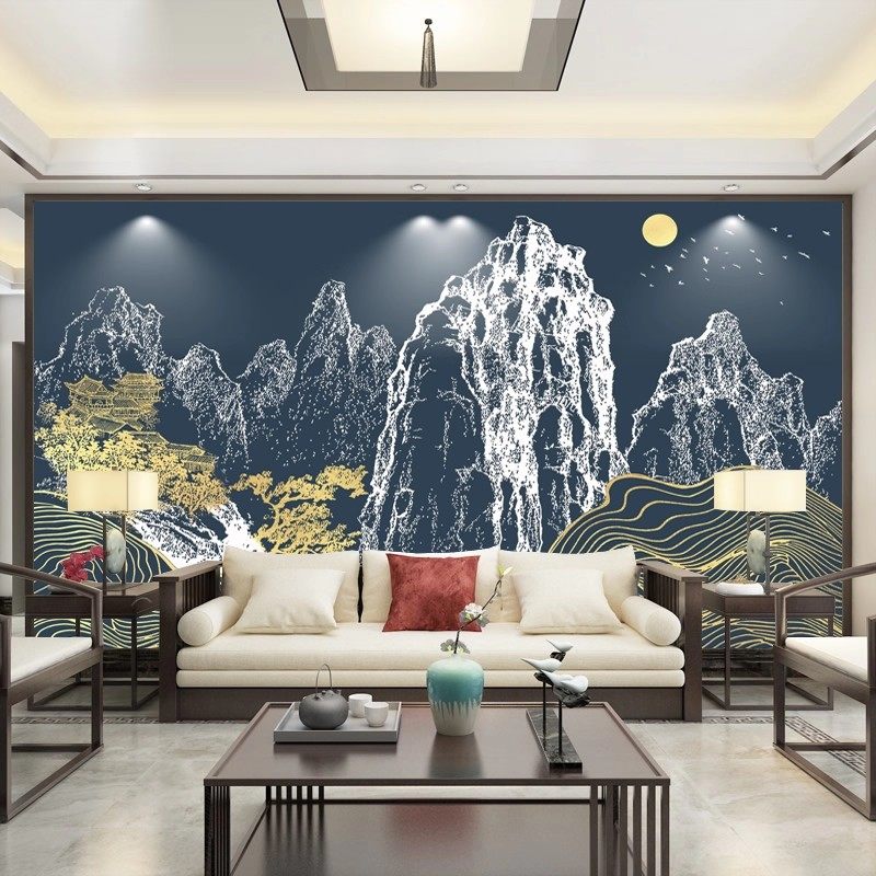 新中式线描阁楼3D立体浮雕壁布电视背景定制壁画饭店餐厅装饰墙布,淘宝优惠券,粉丝福利购,淘宝优惠卷