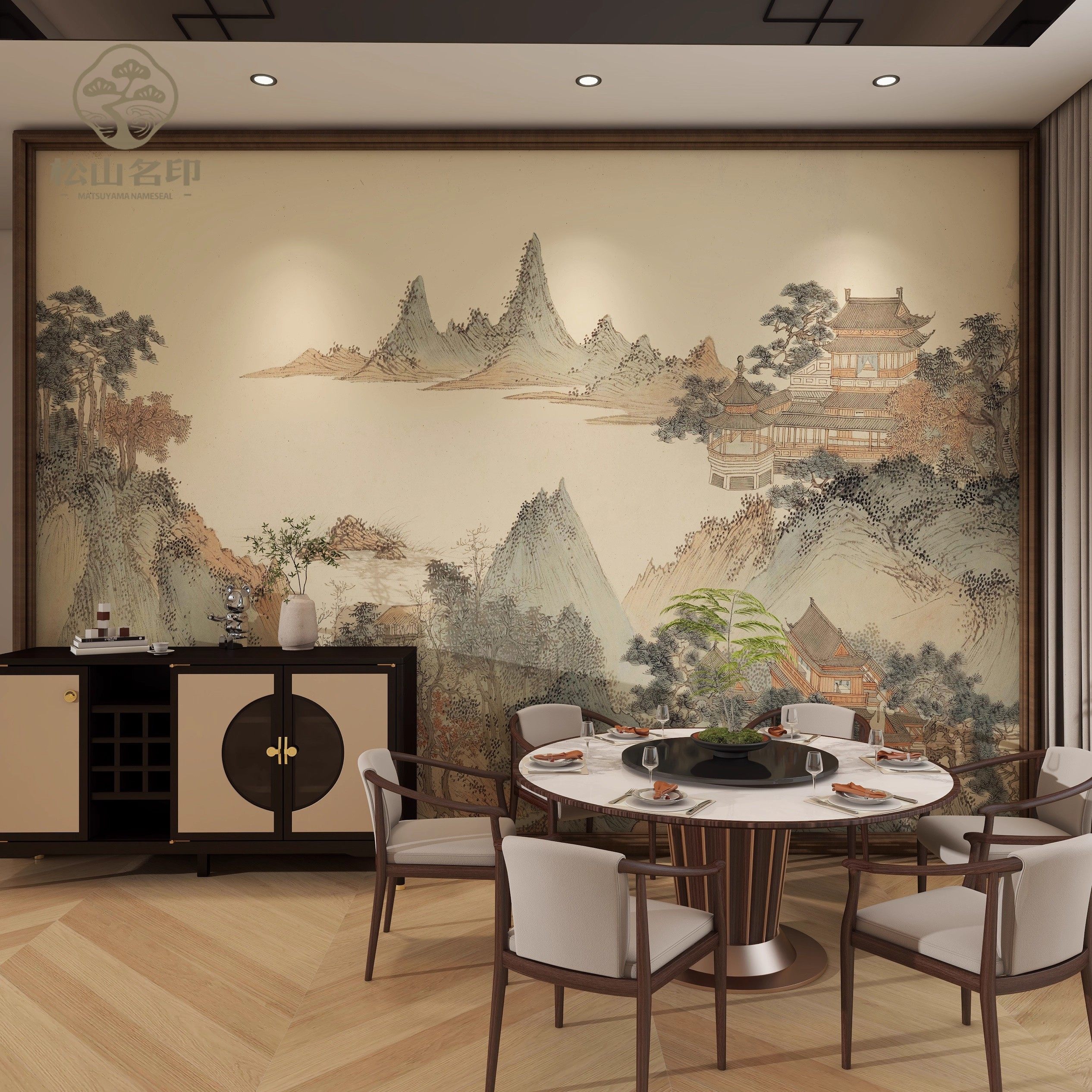 新中式复古水墨山水楼阁壁布壁纸客厅酒店背景茶室工装装饰背景,淘宝优惠券,粉丝福利购,淘宝优惠卷