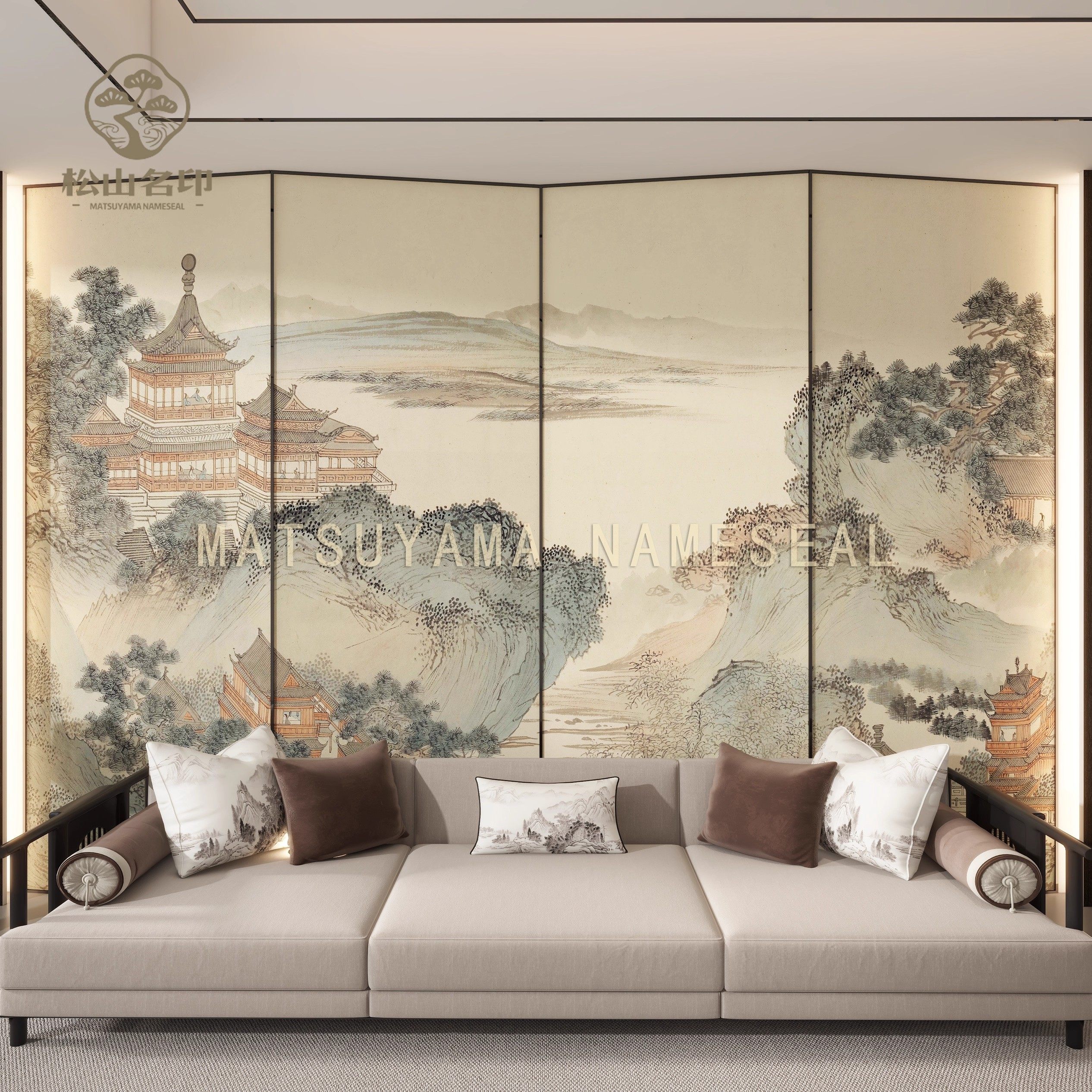 新中式复古水墨山水楼阁壁布壁纸客厅酒店背景茶室工装装饰背景,淘宝优惠券,粉丝福利购,淘宝优惠卷