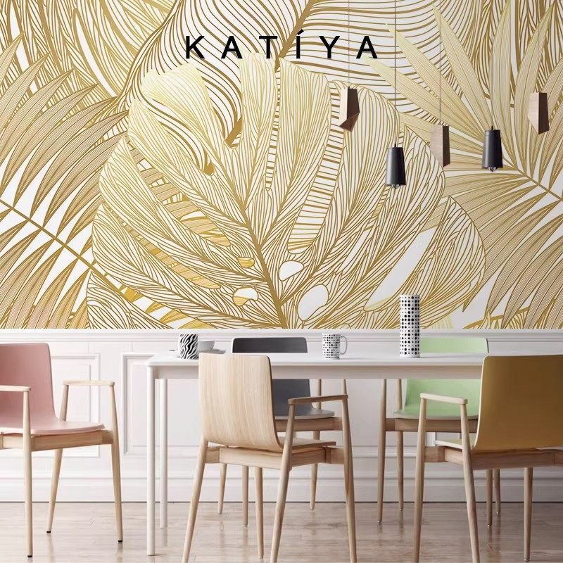 Katiya北欧轻奢金色叶子墙布电视背景墙东南亚卧室酒店壁纸定制画,淘宝优惠券,粉丝福利购,淘宝优惠卷