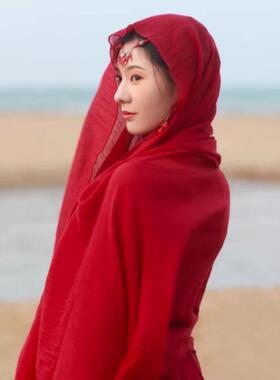 茶卡盐湖夏季沙漠拍照旅游披肩红色海边沙滩防晒丝巾围巾棉麻民族