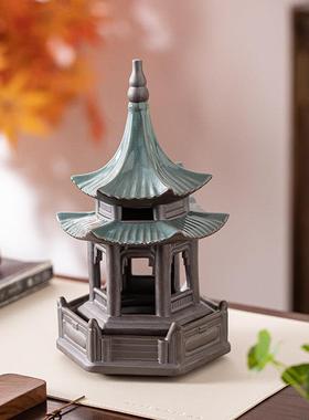 大号中式创意陶瓷六角亭禅意茶空间鱼缸假山流水造景设计装饰摆件