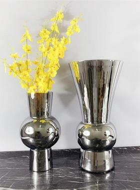 现代简约家居电镀银色玻璃花瓶样板间花器摆件售楼处软装饰品