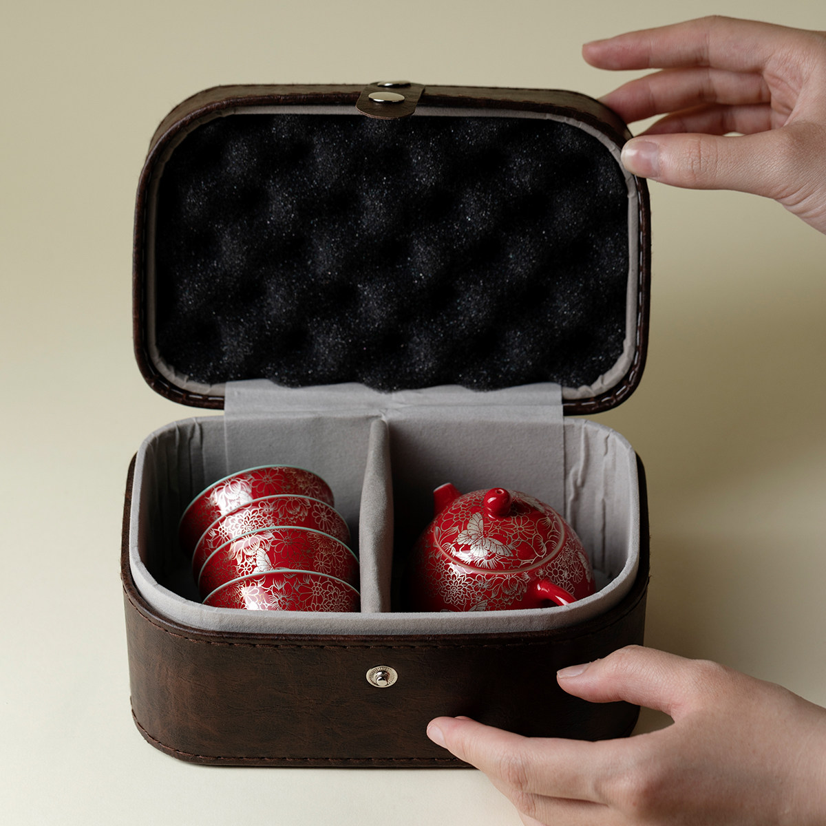 里作 皮质双格旅行收纳盒一壶三杯复古便携式茶器首饰收纳茶事包,淘宝优惠券,粉丝福利购,淘宝优惠卷