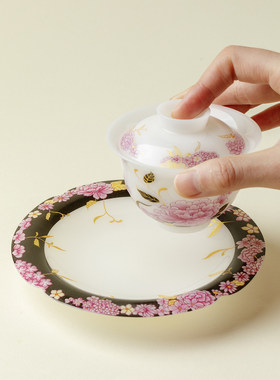 里作 冰种璞玉瓷壶承粉黛牡丹花口果盘家用功夫茶具盖碗茶壶托盘