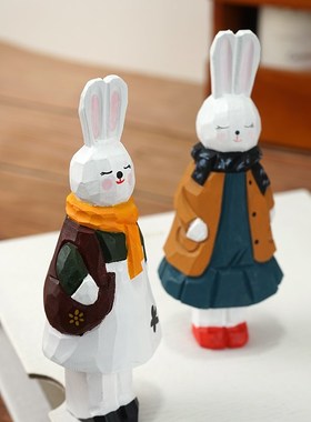 公主兔子手工木雕小摆件实木卡通治愈系可爱办公桌面装饰品礼物女