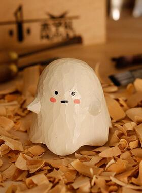 手工木雕小幽灵丨万圣节办公室工位电脑桌面摆件创意装饰品可爱