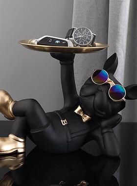 创意托盘法斗犬摆件客厅家居装饰品玄关钥匙收纳桌面托盘乔迁礼物