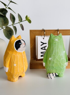 LOOXUE木雕猫咪摆件手工雕刻家居桌面装饰品萌宠礼物潮玩公仔礼物