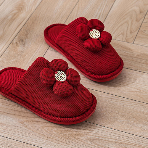 红色拖鞋结婚一对冬季新娘婚礼陪嫁2025新款新婚情侣婚庆拖鞋高级 - 图3