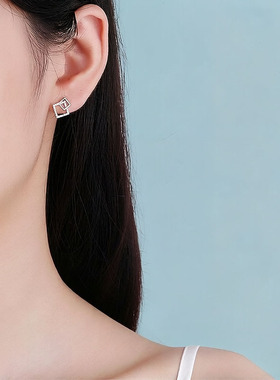 S925纯银方形耳钉方框简约百搭