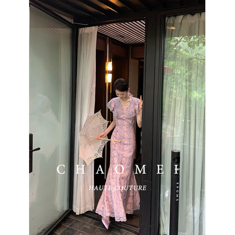 冯（CHAOMEI【古董蔷薇】新中式天丝风信紫花边装饰鱼尾连衣裙,淘宝优惠券,粉丝福利购,淘宝优惠卷