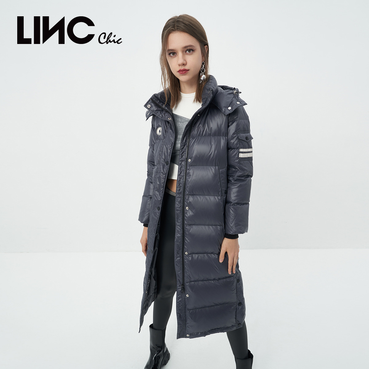 LINCCHIC金羽杰羽绒服女款冬季修身长款过膝羽绒服女Y22808191 - 图1
